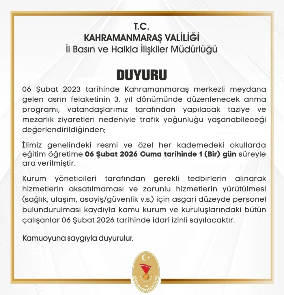 Kahramanmaraş'ta okullar 1 gün tatil edildi 1 Kahramanmaraş okullar tatil mi