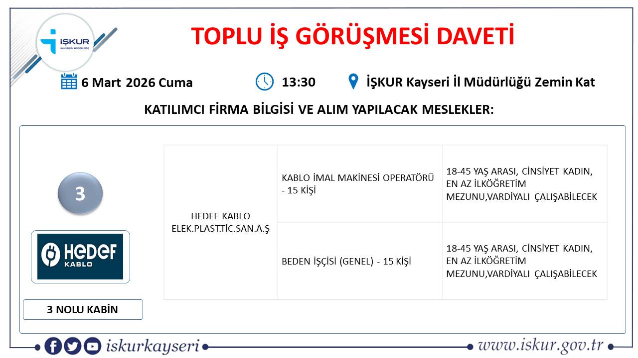 Kayseri’de kadınlara yönelik toplu iş görüşmesi 60 kişi istihdam edilecek! 3 Kayseri toplu iş görüşmesi