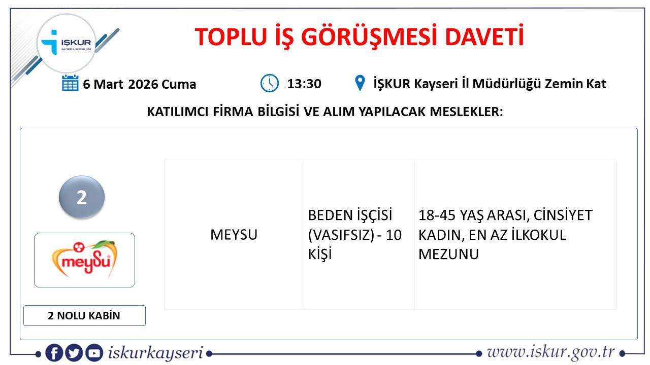 Kayseri’de kadınlara yönelik toplu iş görüşmesi 60 kişi istihdam edilecek! 2 Kayseri toplu iş görüşmesi