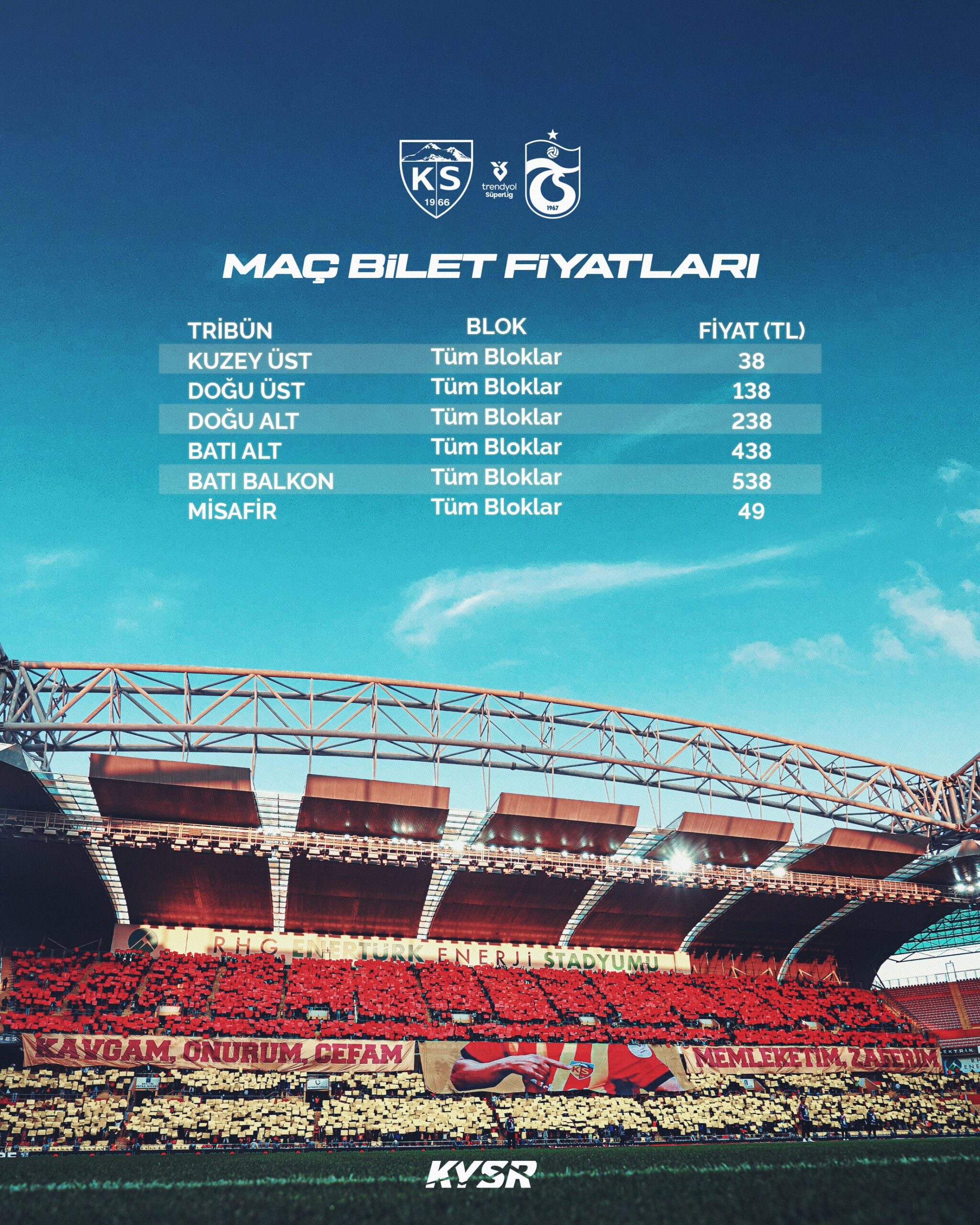Kayserispor, Trabzonspor maçı bilet fiyatlarını açıkladı 1 Kayserispor, Trabsonspor maçı bilet fiyatları