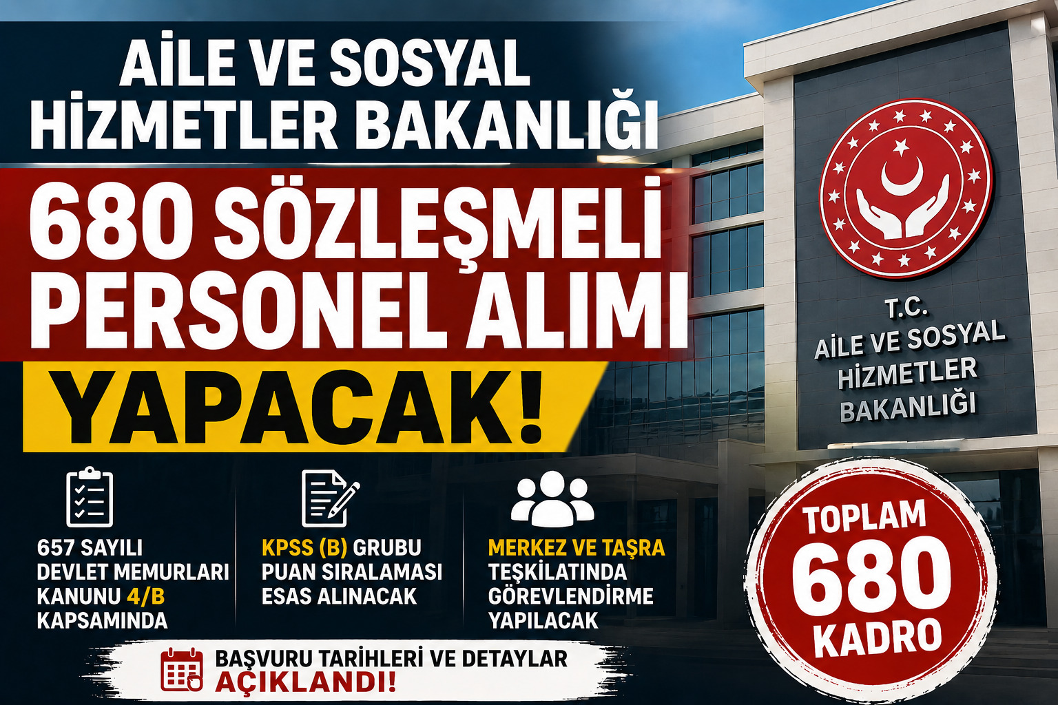 Aile ve Sosyal Hizmetler Bakanlığı 680 sözleşmeli personel alımı yapacağını