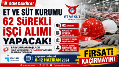 Et ve Süt Kurumu 62 sürekli işçi alımı yapacağını duyurdu.