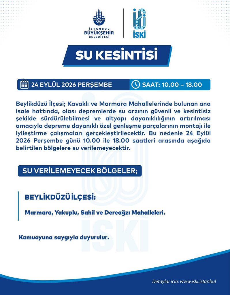 İstanbul’da 24 Eylül 2026 perşembe günü Su Kesintisi! 2 istanbul su kesintisi