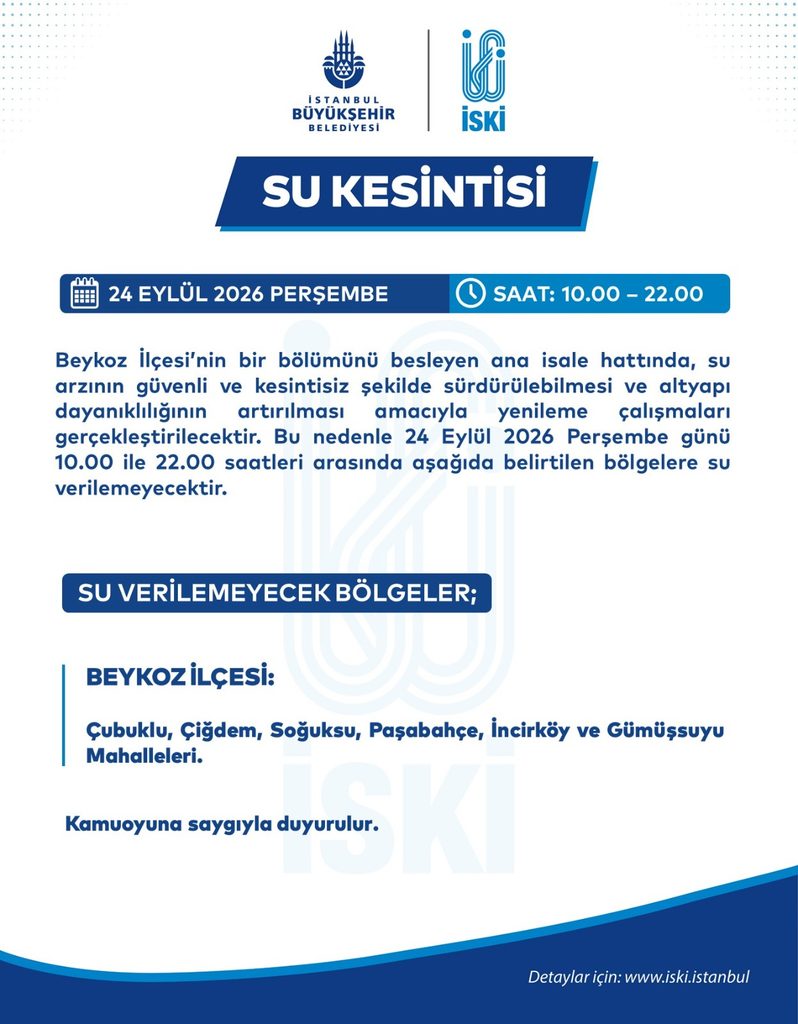 İstanbul’da 24 Eylül 2026 perşembe günü Su Kesintisi! 1 istanbul su kesintisi